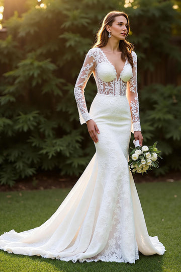 Ivory V-Neck Lace Mermaid Wedding Dress with Appliques
